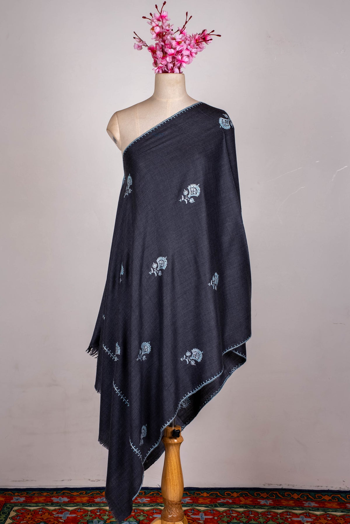 Fine Merino Wool Aari Hand Embroidered Scarf with Delicate Blue Motifs