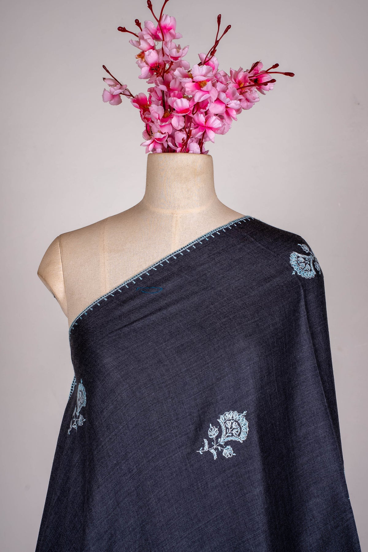 Fine Merino Wool Aari Hand Embroidered Scarf with Delicate Blue Motifs