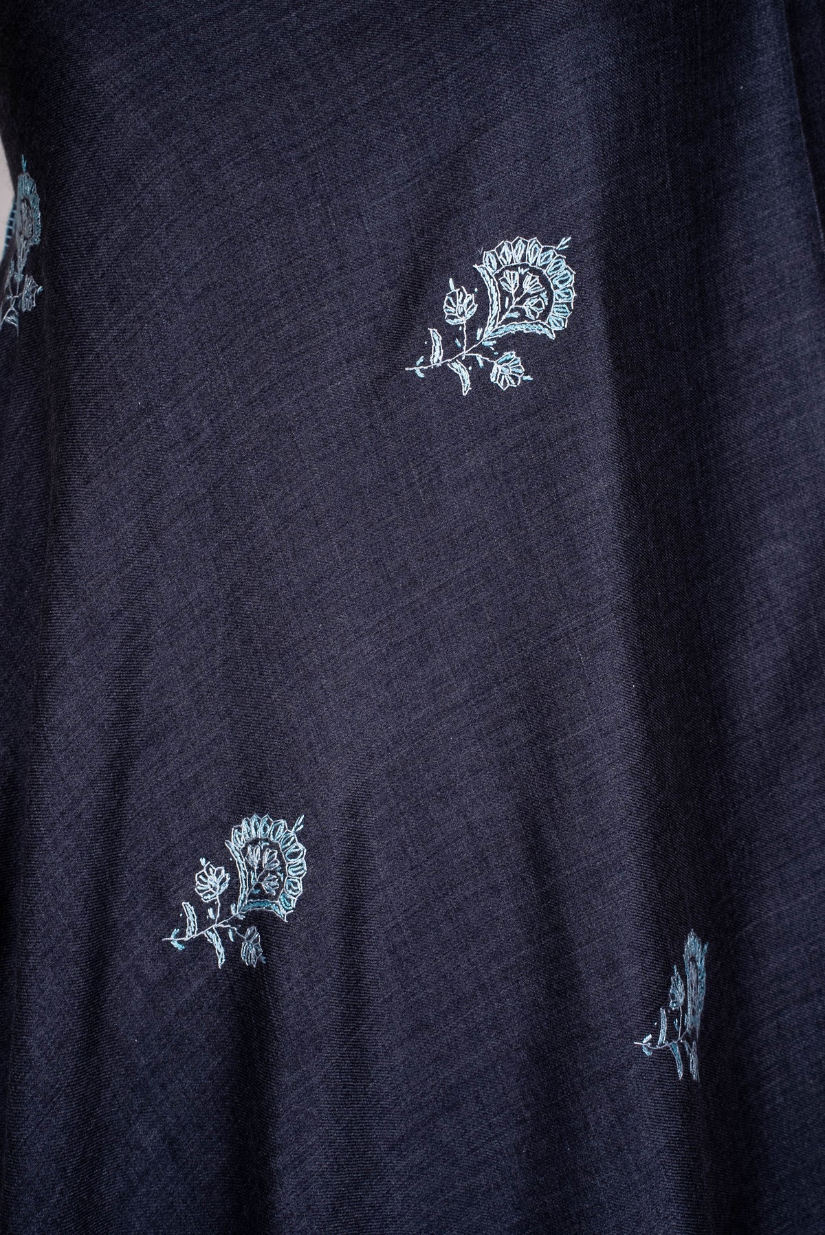 Fine Merino Wool Aari Hand Embroidered Scarf with Delicate Blue Motifs