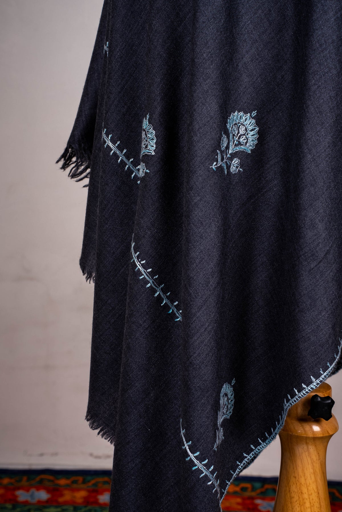 Fine Merino Wool Aari Hand Embroidered Scarf with Delicate Blue Motifs