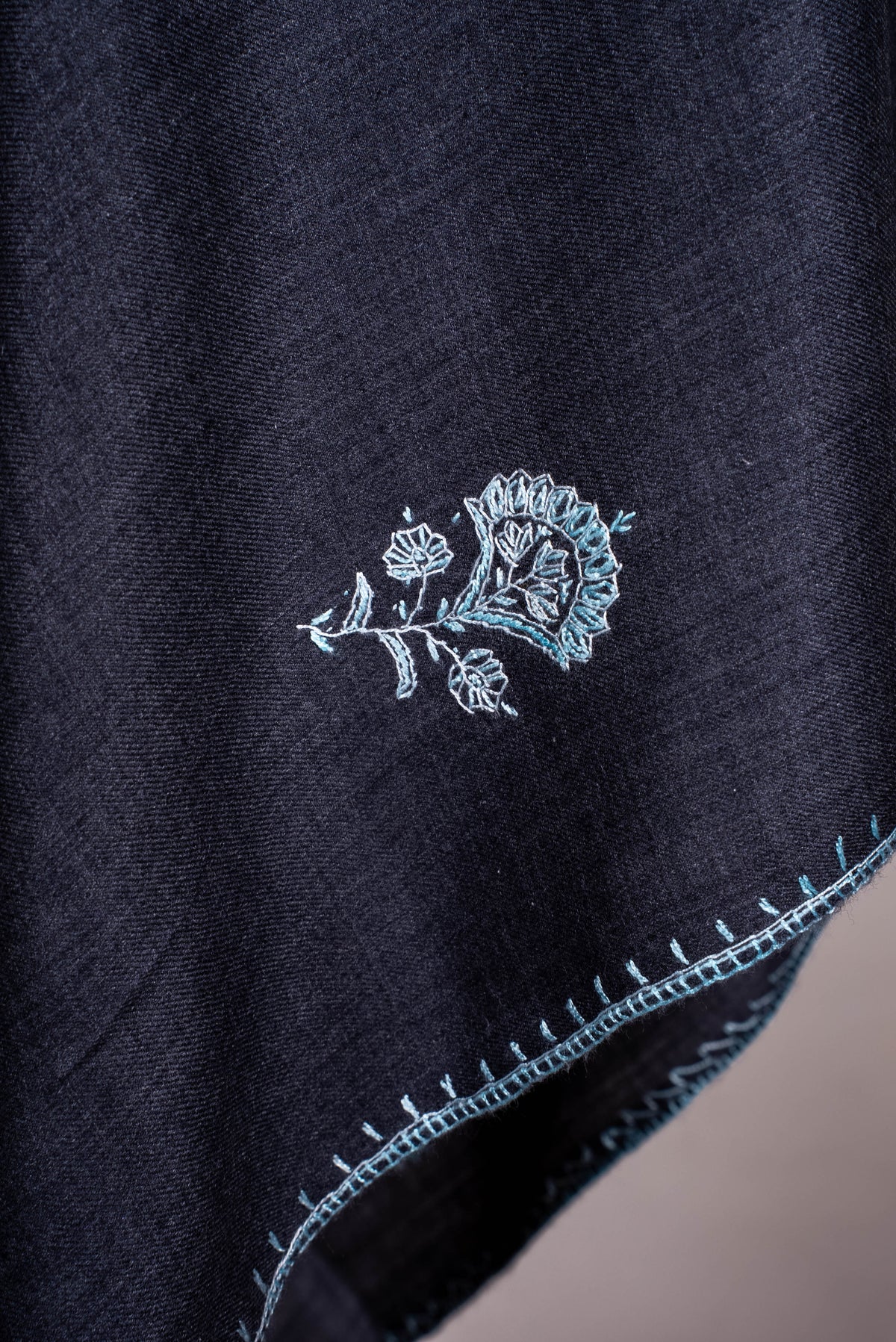 Fine Merino Wool Aari Hand Embroidered Scarf with Delicate Blue Motifs