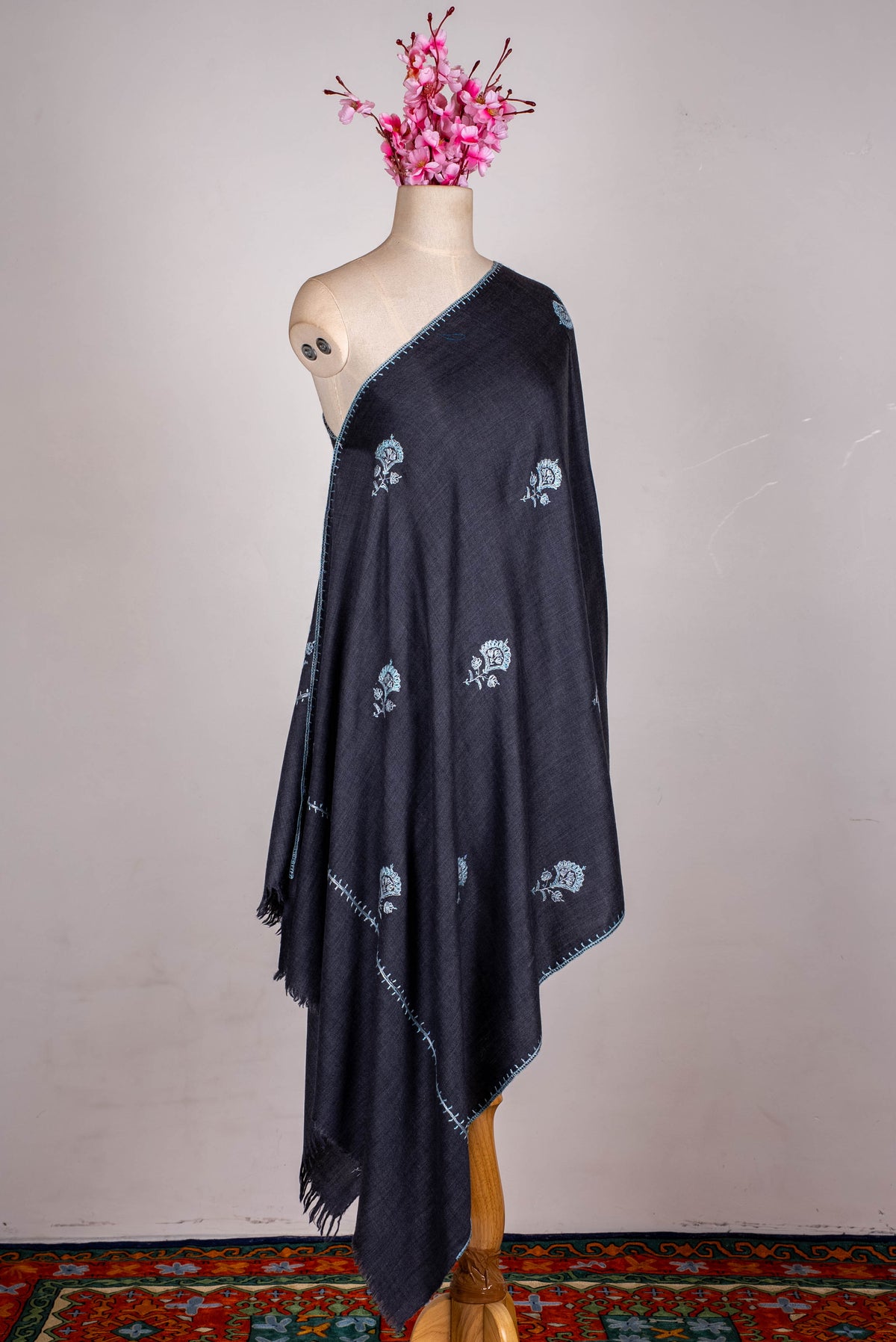 Fine Merino Wool Aari Hand Embroidered Scarf with Delicate Blue Motifs