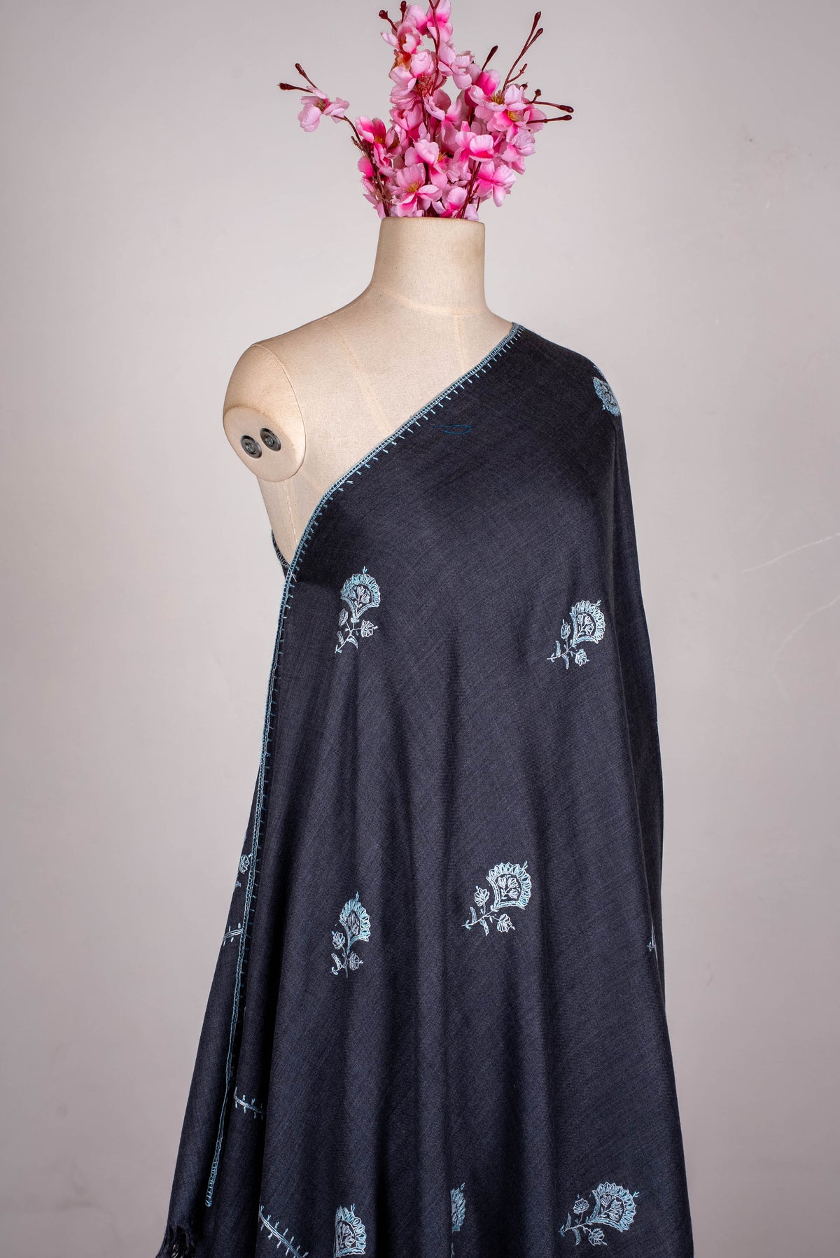 Fine Merino Wool Aari Hand Embroidered Scarf with Delicate Blue Motifs