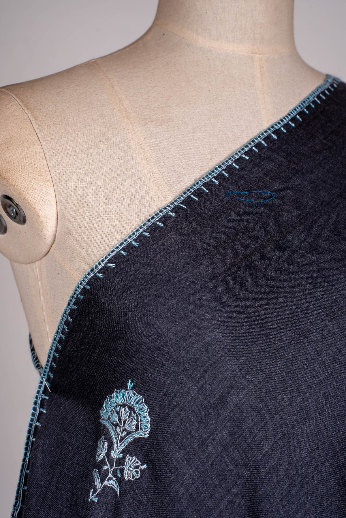 Fine Merino Wool Aari Hand Embroidered Scarf with Delicate Blue Motifs