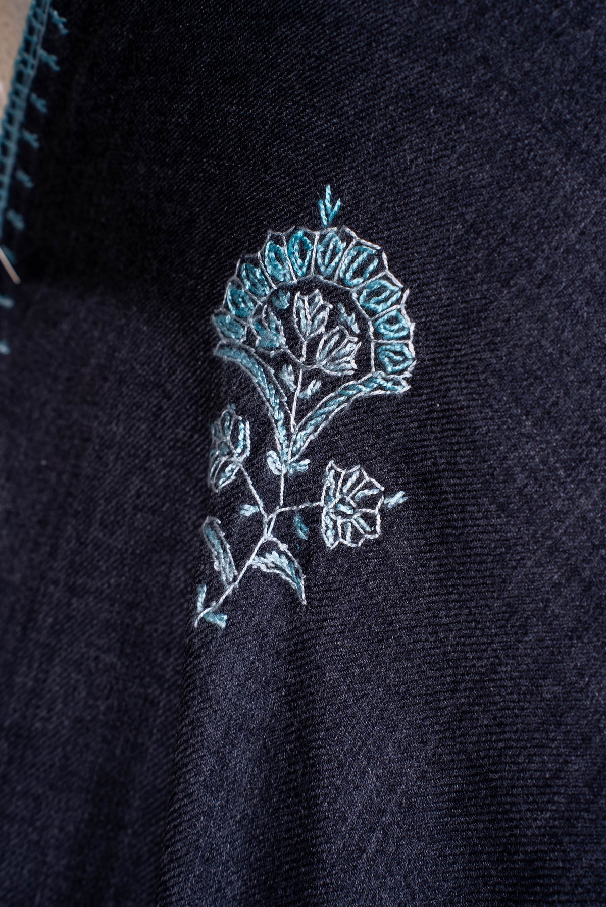 Fine Merino Wool Aari Hand Embroidered Scarf with Delicate Blue Motifs