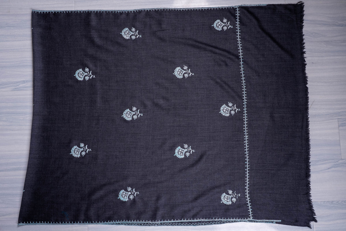 Fine Merino Wool Aari Hand Embroidered Scarf with Delicate Blue Motifs