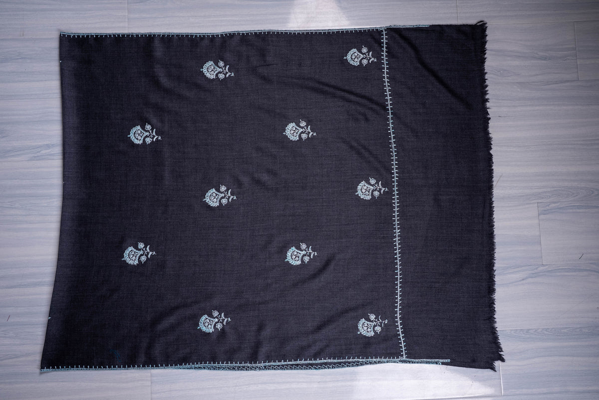 Fine Merino Wool Aari Hand Embroidered Scarf with Delicate Blue Motifs