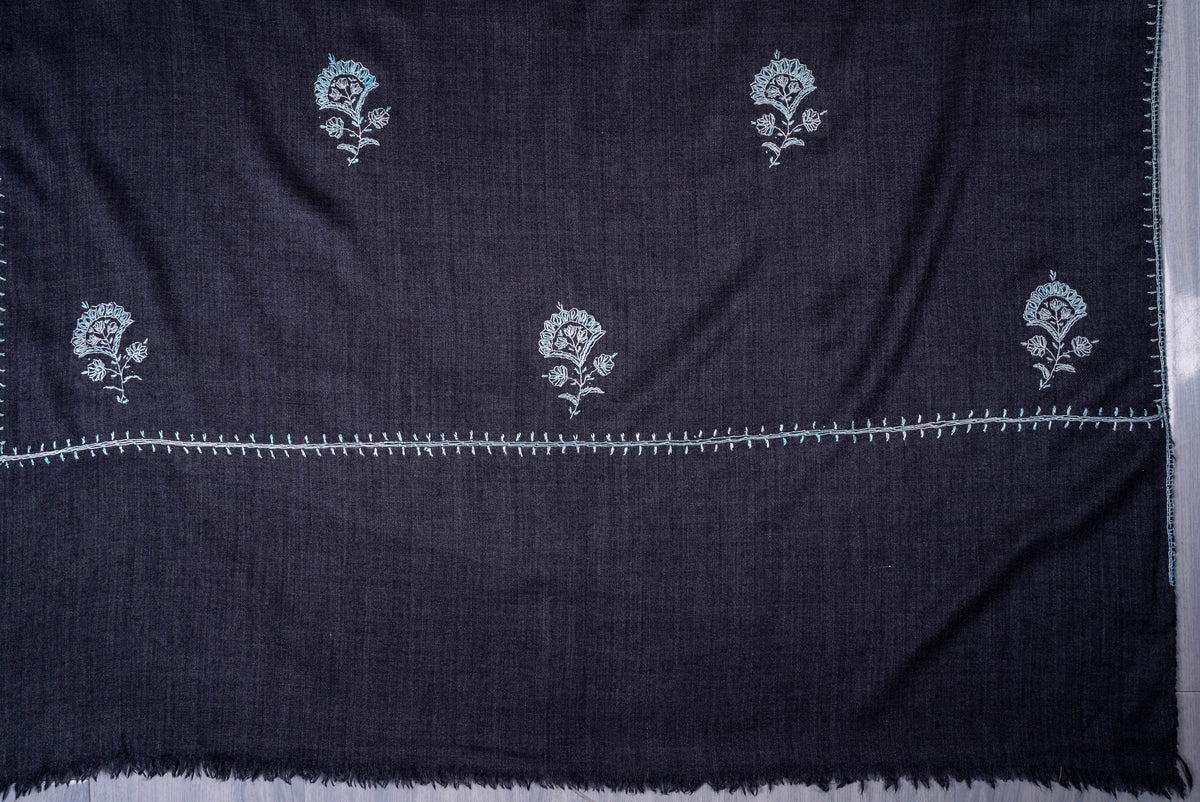 Fine Merino Wool Aari Hand Embroidered Scarf with Delicate Blue Motifs