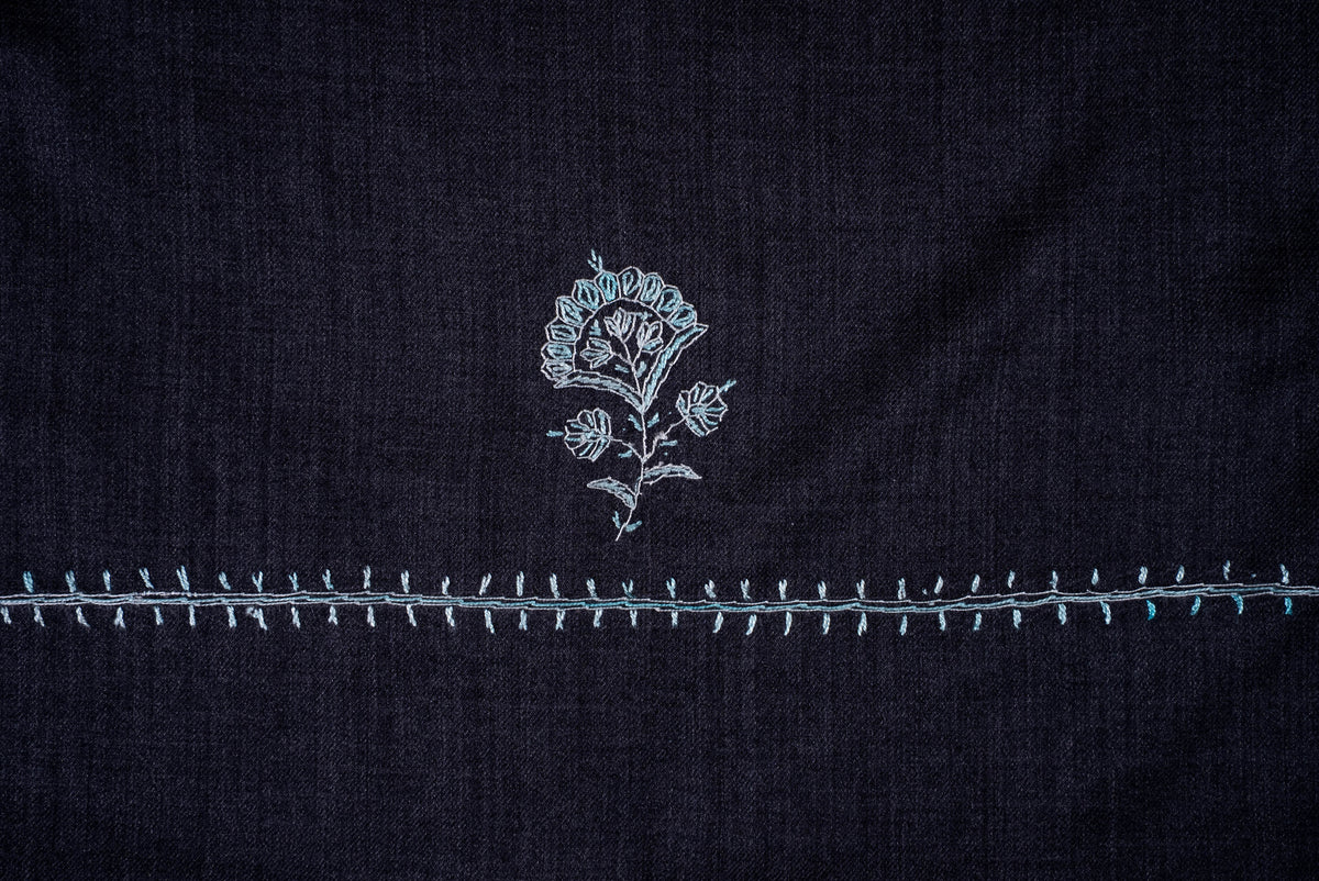 Fine Merino Wool Aari Hand Embroidered Scarf with Delicate Blue Motifs