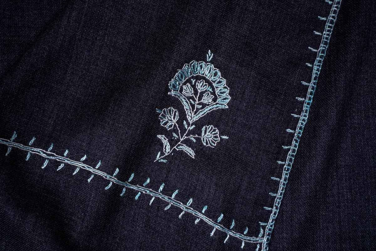 Fine Merino Wool Aari Hand Embroidered Scarf with Delicate Blue Motifs