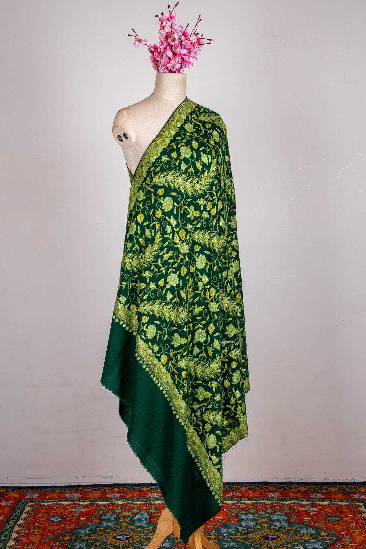 Fine Merino Wool Aari Hand Embroidered Shawl with All-Over Green Floral Vines