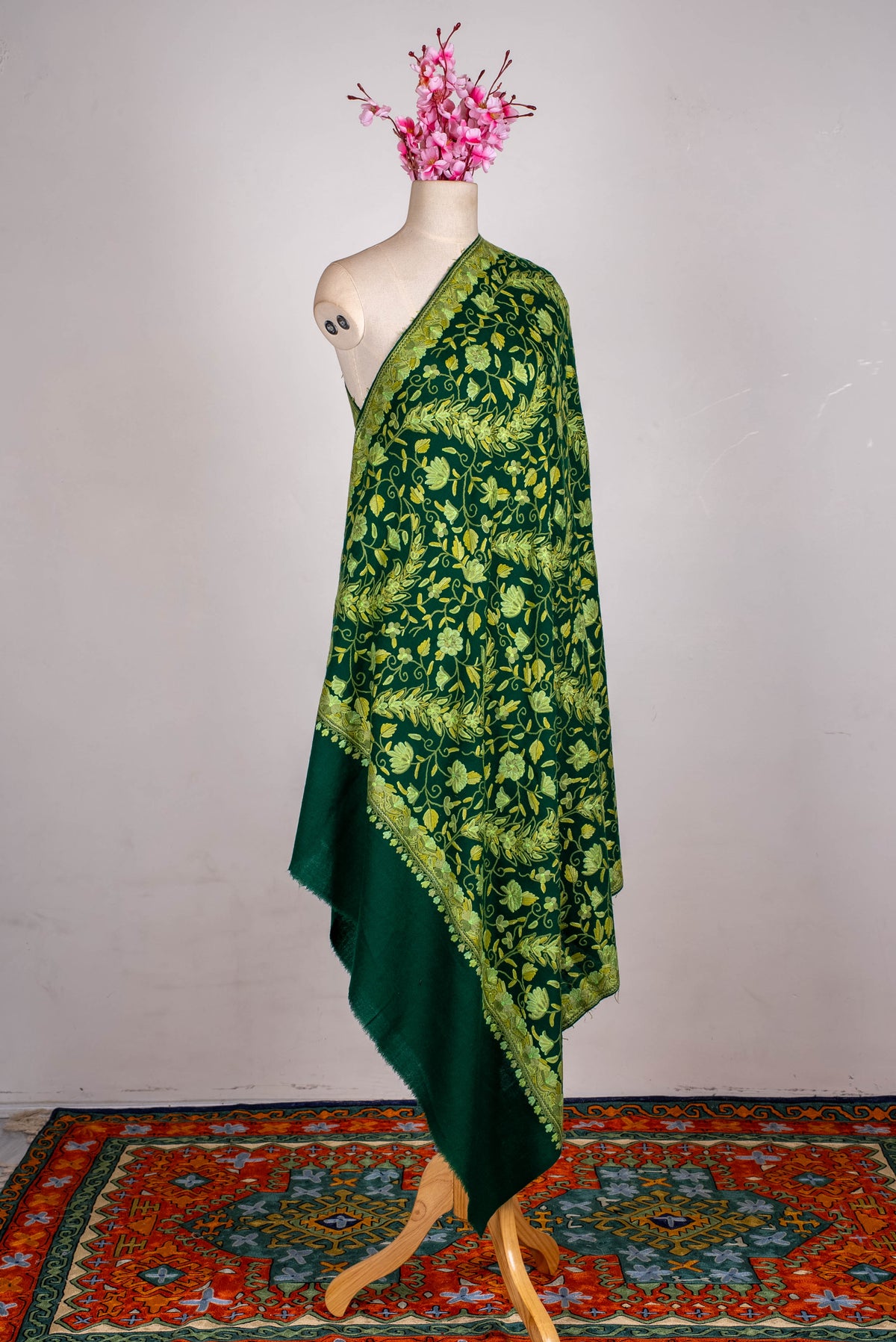 Fine Merino Wool Aari Hand Embroidered Shawl with All-Over Green Floral Vines