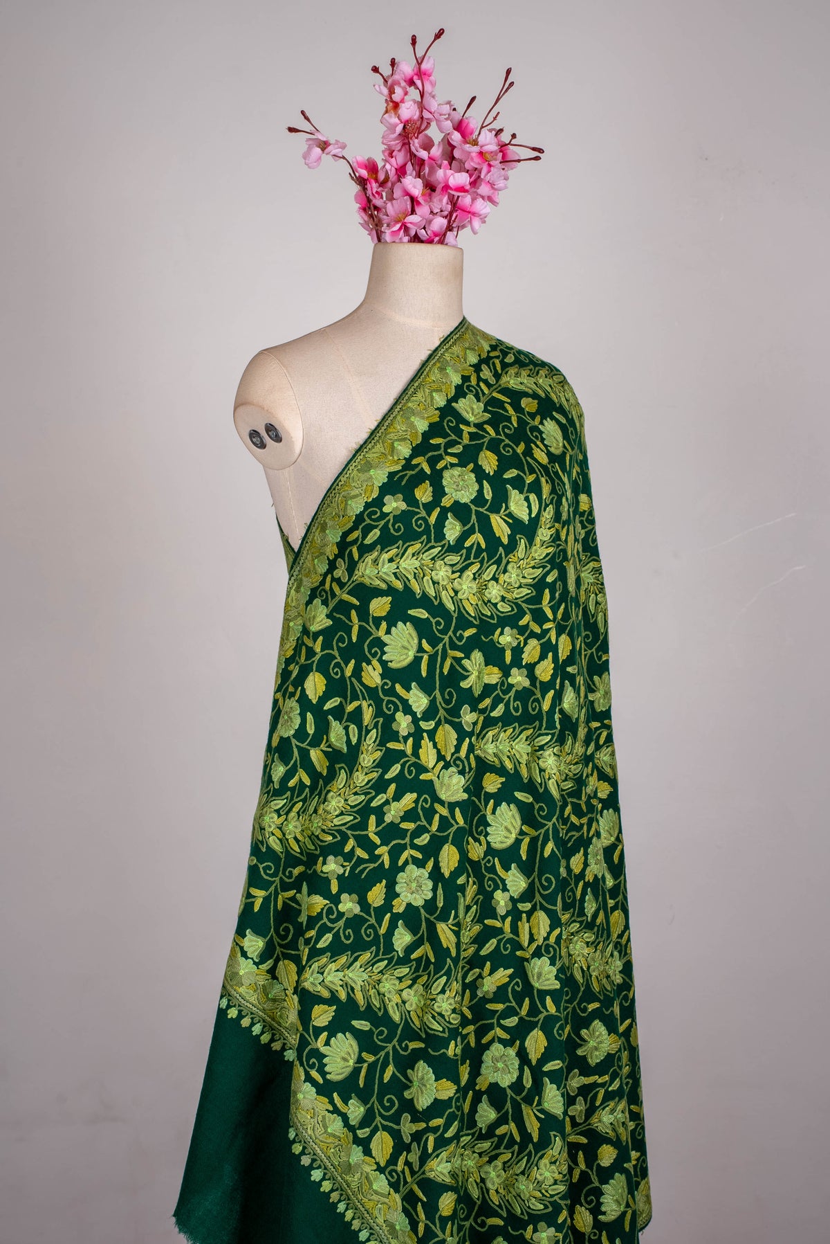 Fine Merino Wool Aari Hand Embroidered Shawl with All-Over Green Floral Vines