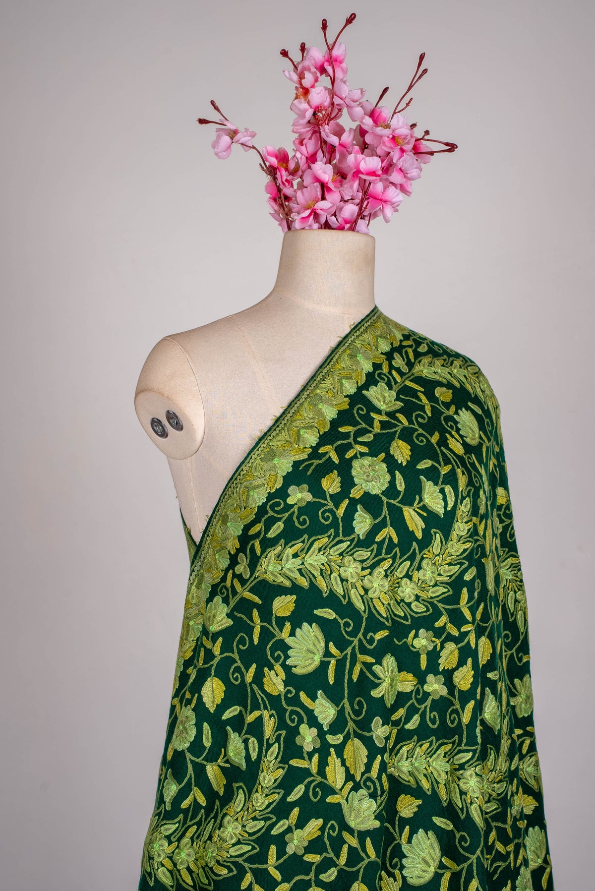 Fine Merino Wool Aari Hand Embroidered Shawl with All-Over Green Floral Vines
