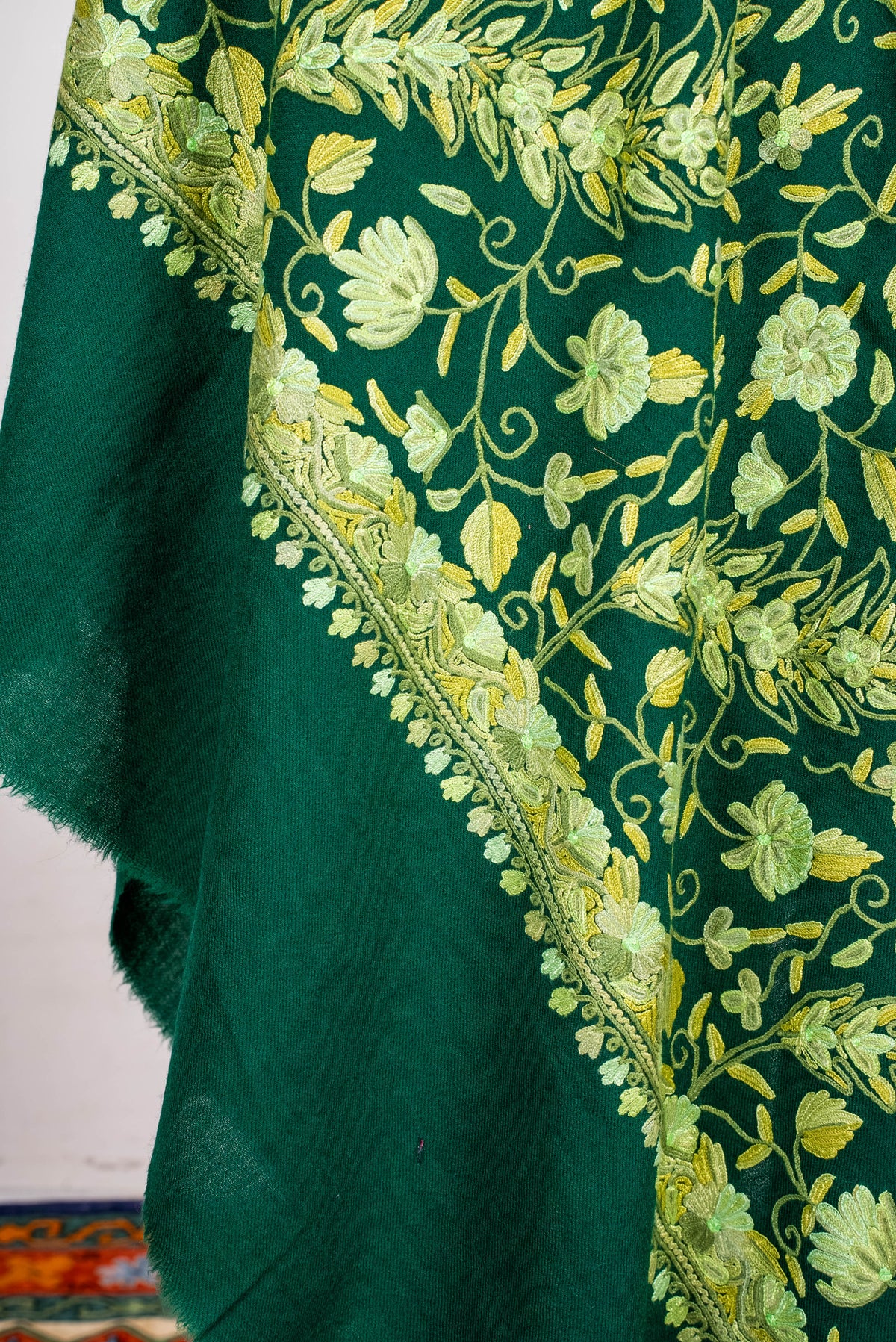 Fine Merino Wool Aari Hand Embroidered Shawl with All-Over Green Floral Vines