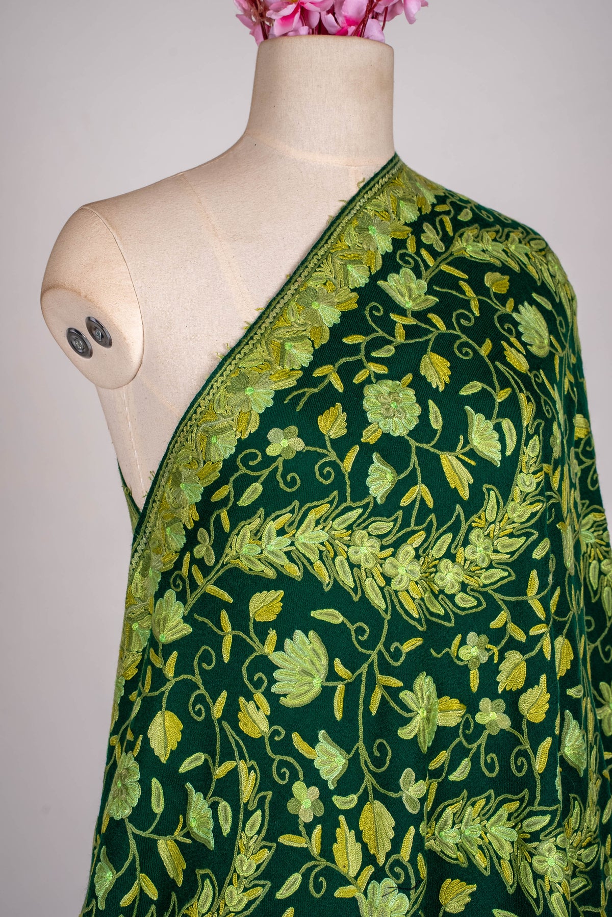 Fine Merino Wool Aari Hand Embroidered Shawl with All-Over Green Floral Vines