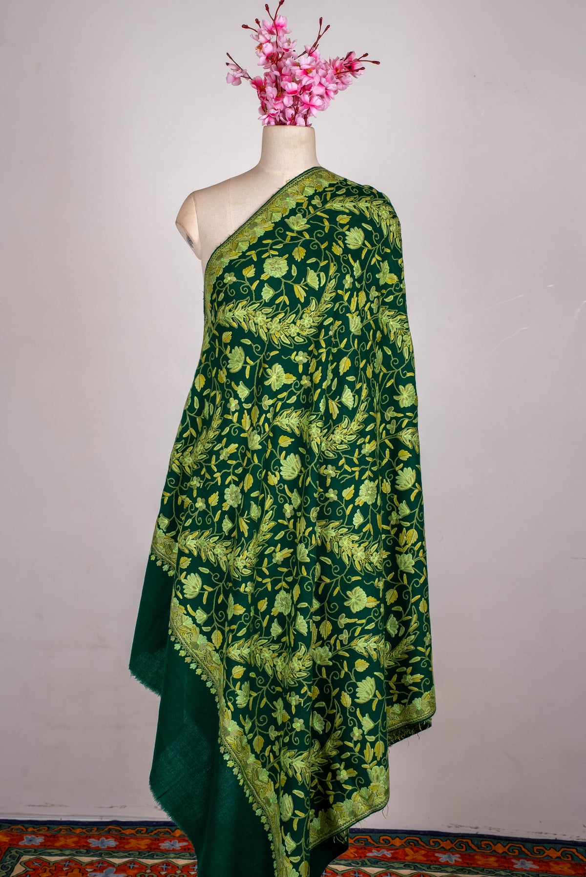Fine Merino Wool Aari Hand Embroidered Shawl with All-Over Green Floral Vines