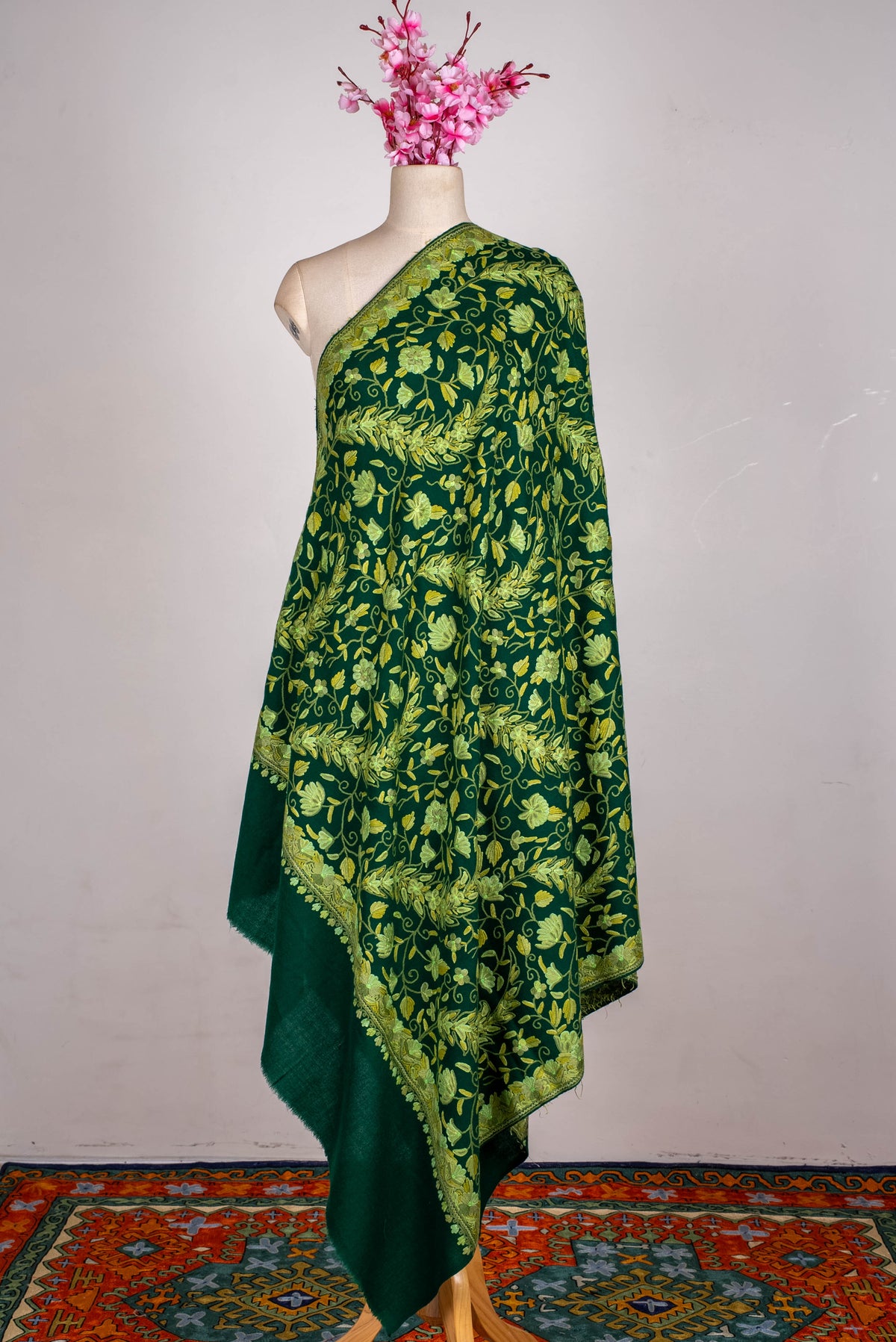 Fine Merino Wool Aari Hand Embroidered Shawl with All-Over Green Floral Vines