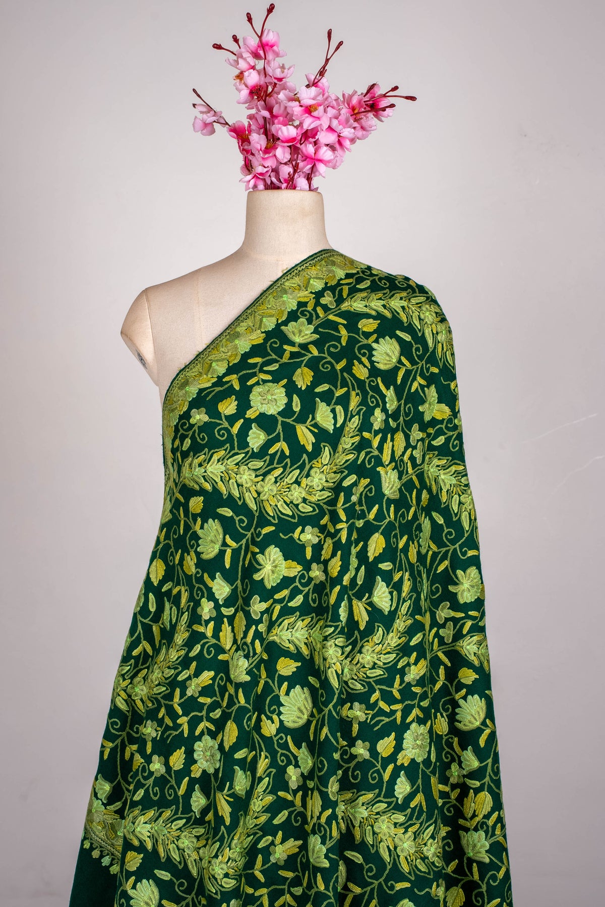 Fine Merino Wool Aari Hand Embroidered Shawl with All-Over Green Floral Vines