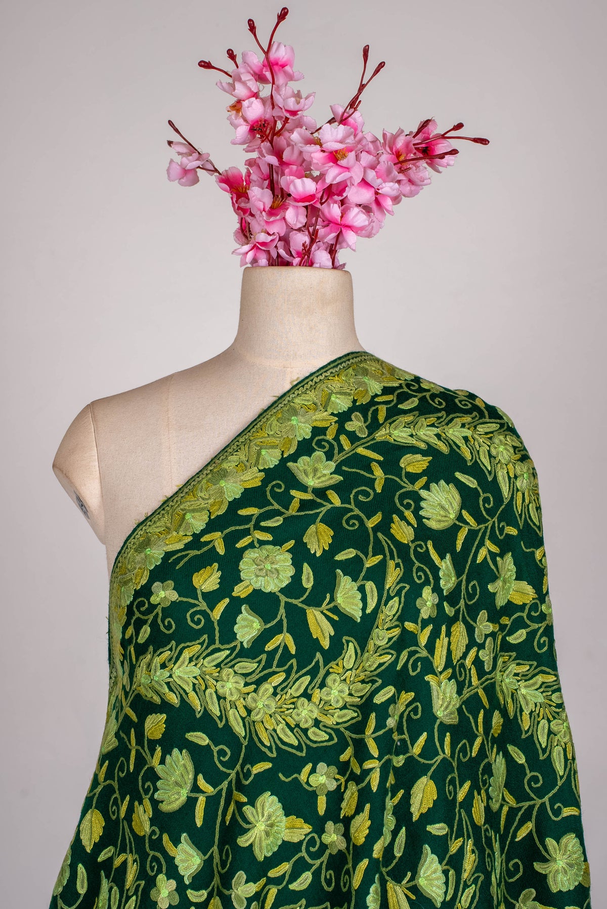 Fine Merino Wool Aari Hand Embroidered Shawl with All-Over Green Floral Vines