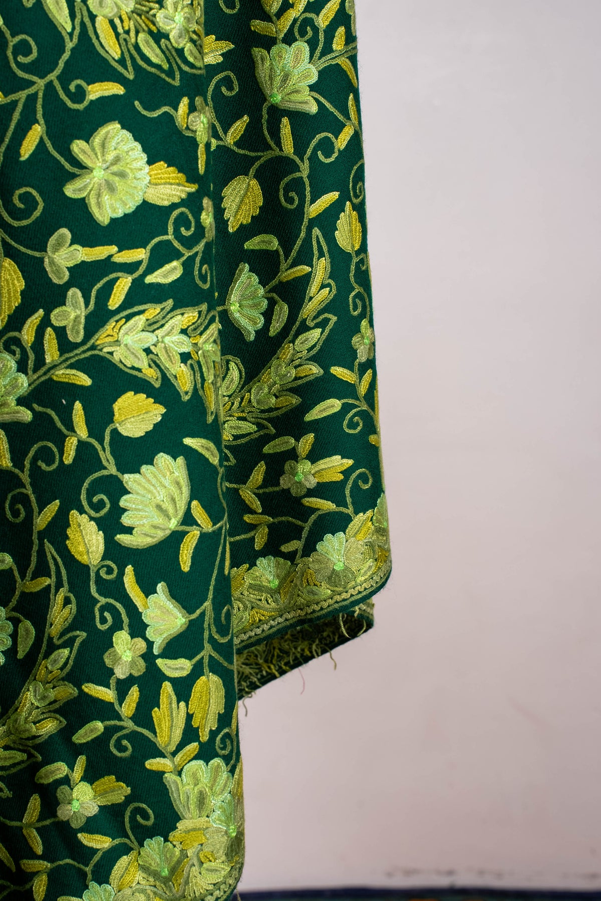 Fine Merino Wool Aari Hand Embroidered Shawl with All-Over Green Floral Vines