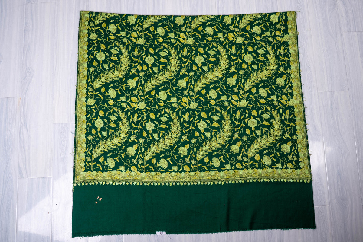 Fine Merino Wool Aari Hand Embroidered Shawl with All-Over Green Floral Vines