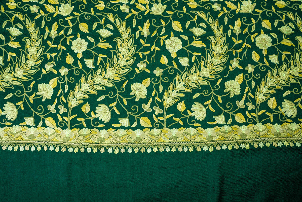 Fine Merino Wool Aari Hand Embroidered Shawl with All-Over Green Floral Vines