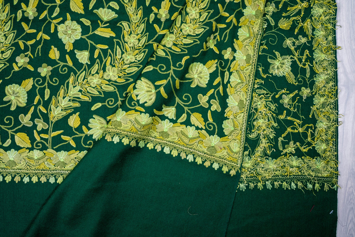 Fine Merino Wool Aari Hand Embroidered Shawl with All-Over Green Floral Vines