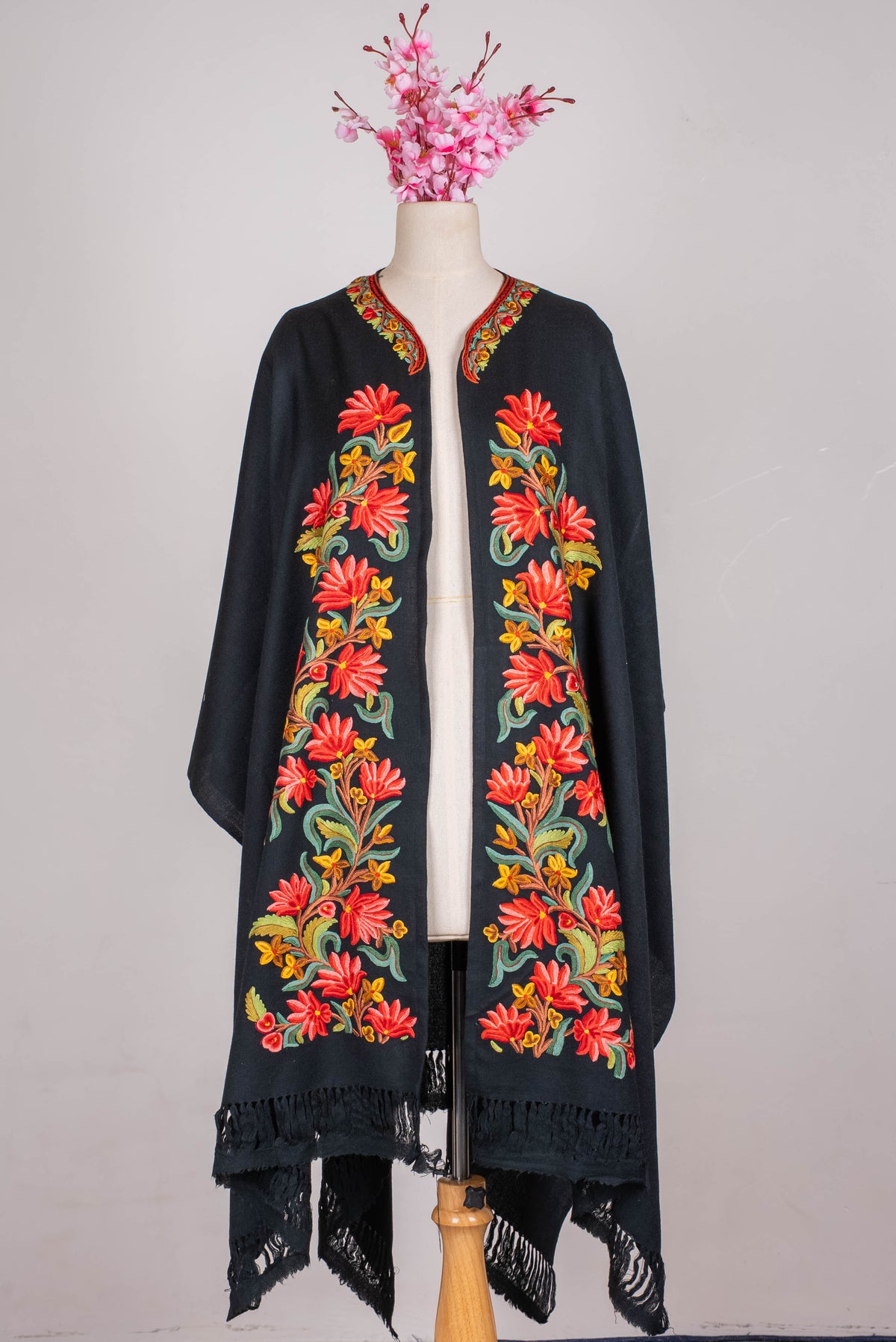 Hand Embroidered Open Front Shawl/Cape with Bold Red Floral Vines