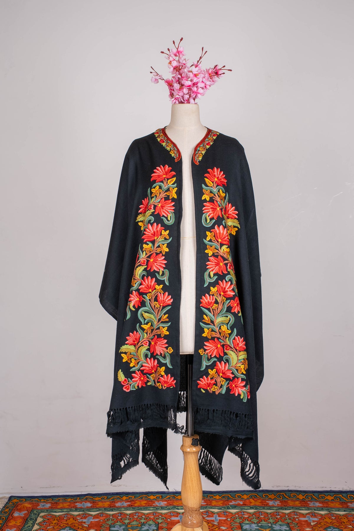 Hand Embroidered Open Front Shawl/Cape with Bold Red Floral Vines