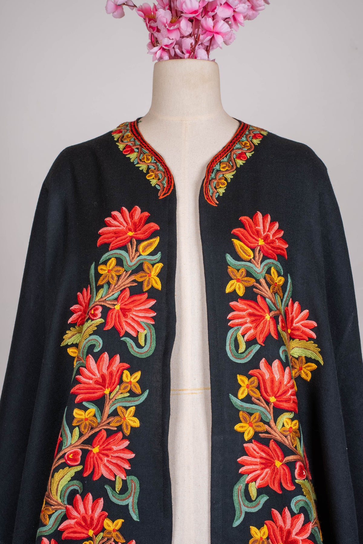 Hand Embroidered Open Front Shawl/Cape with Bold Red Floral Vines
