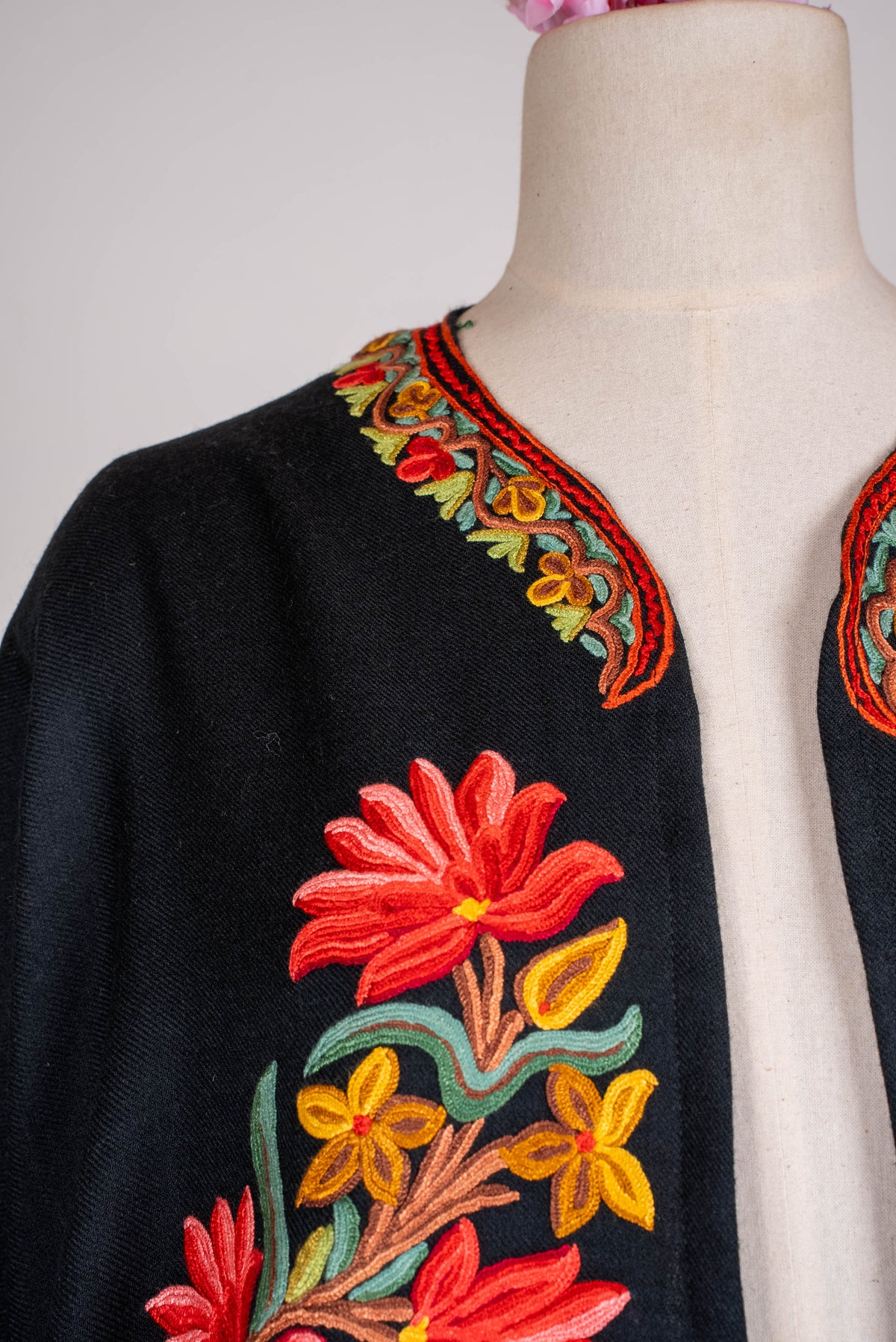 Hand Embroidered Open Front Shawl/Cape with Bold Red Floral Vines