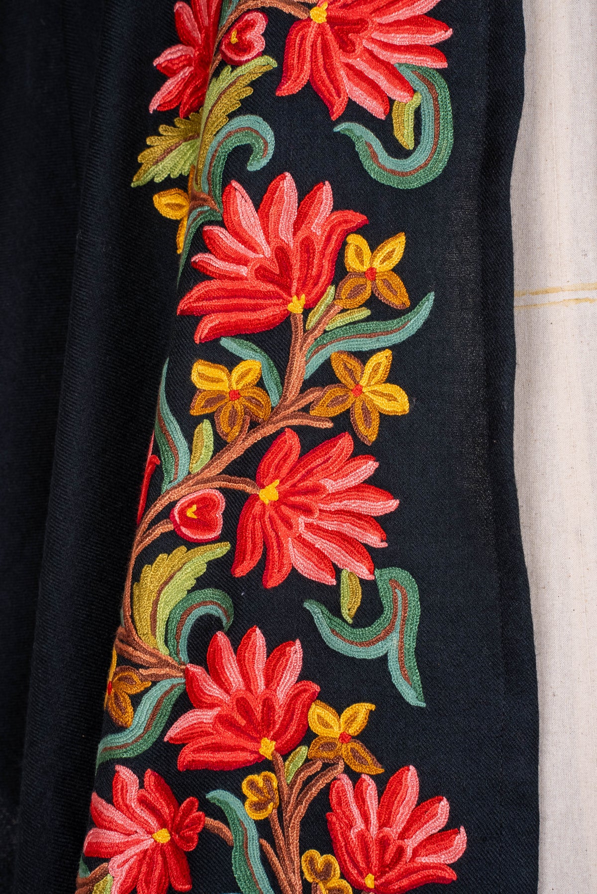 Hand Embroidered Open Front Shawl/Cape with Bold Red Floral Vines