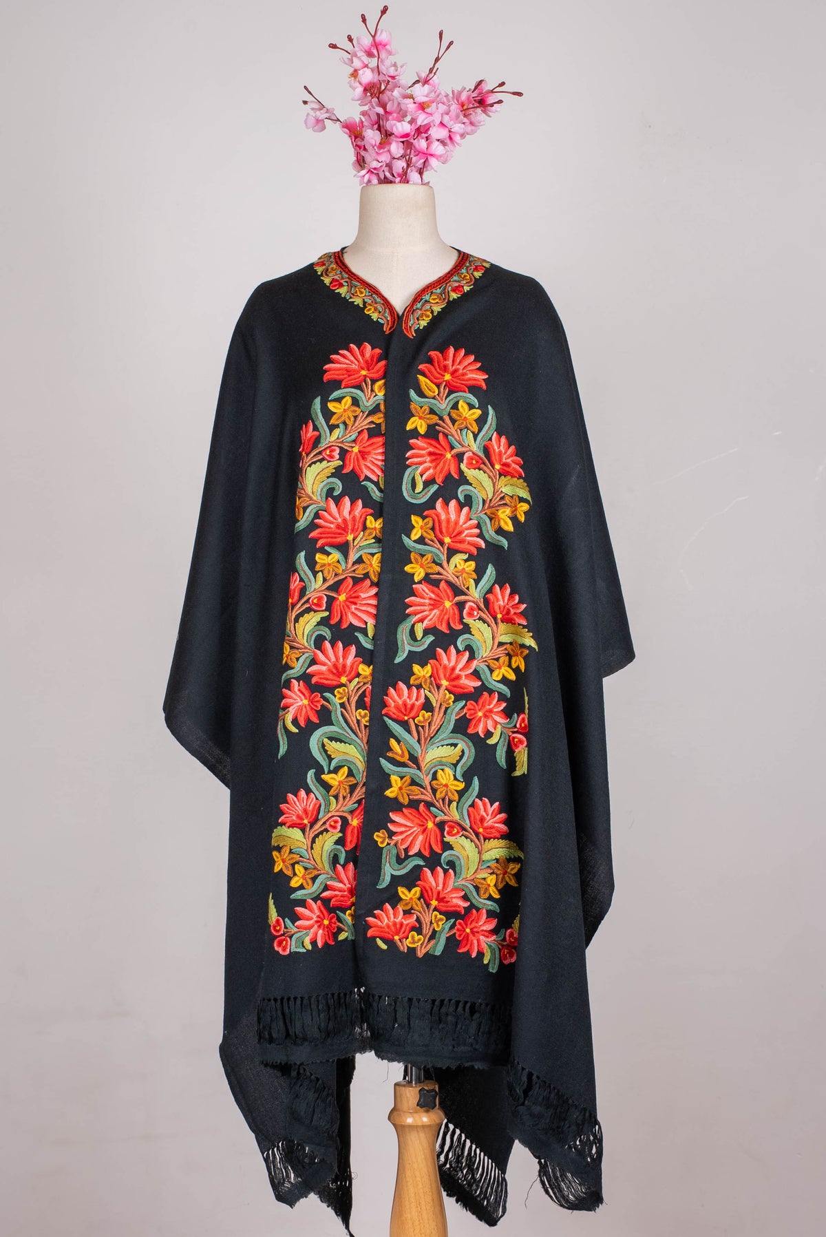 Hand Embroidered Open Front Shawl/Cape with Bold Red Floral Vines