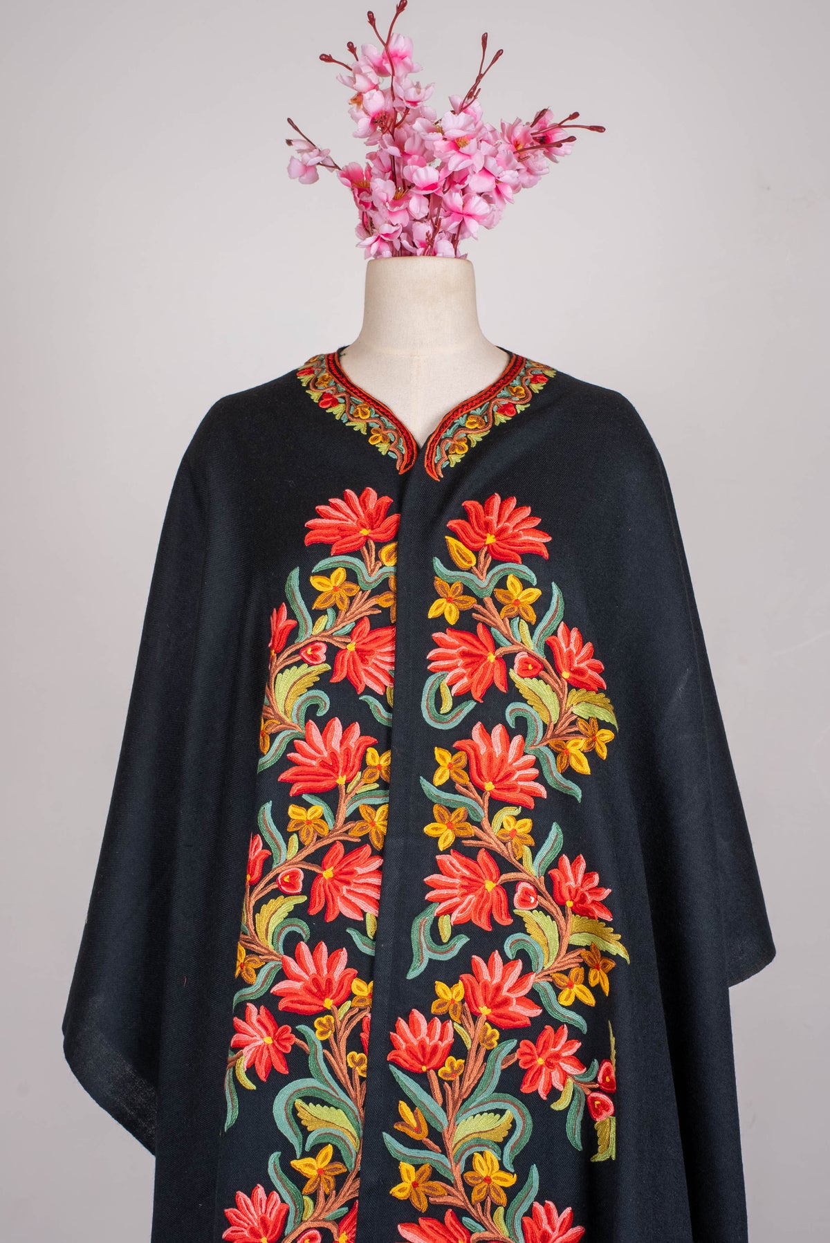 Hand Embroidered Open Front Shawl/Cape with Bold Red Floral Vines