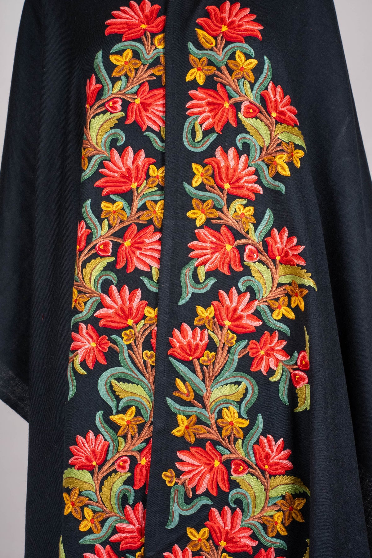 Hand Embroidered Open Front Shawl/Cape with Bold Red Floral Vines