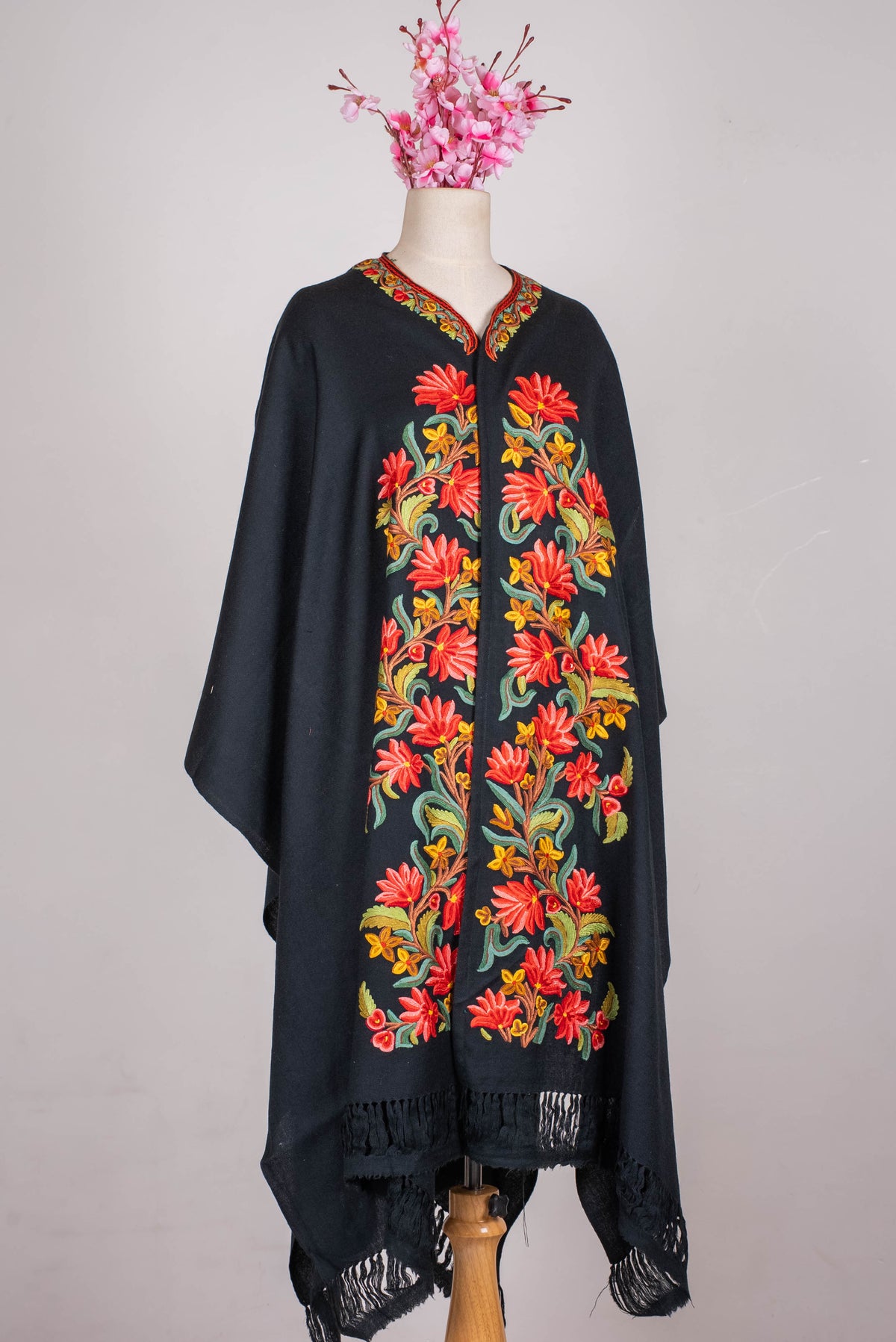 Hand Embroidered Open Front Shawl/Cape with Bold Red Floral Vines