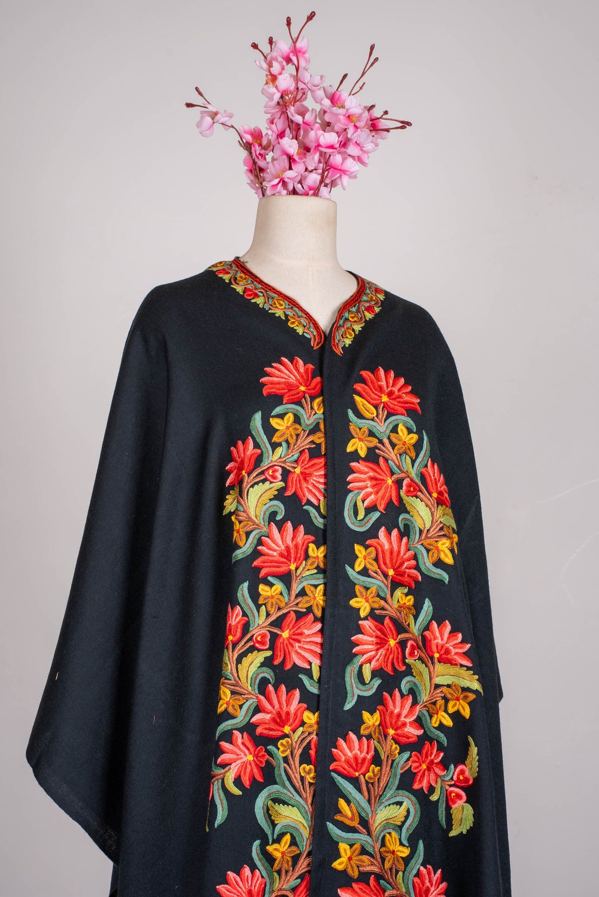 Hand Embroidered Open Front Shawl/Cape with Bold Red Floral Vines