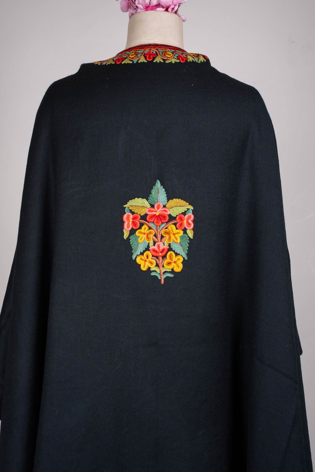Hand Embroidered Open Front Shawl/Cape with Bold Red Floral Vines