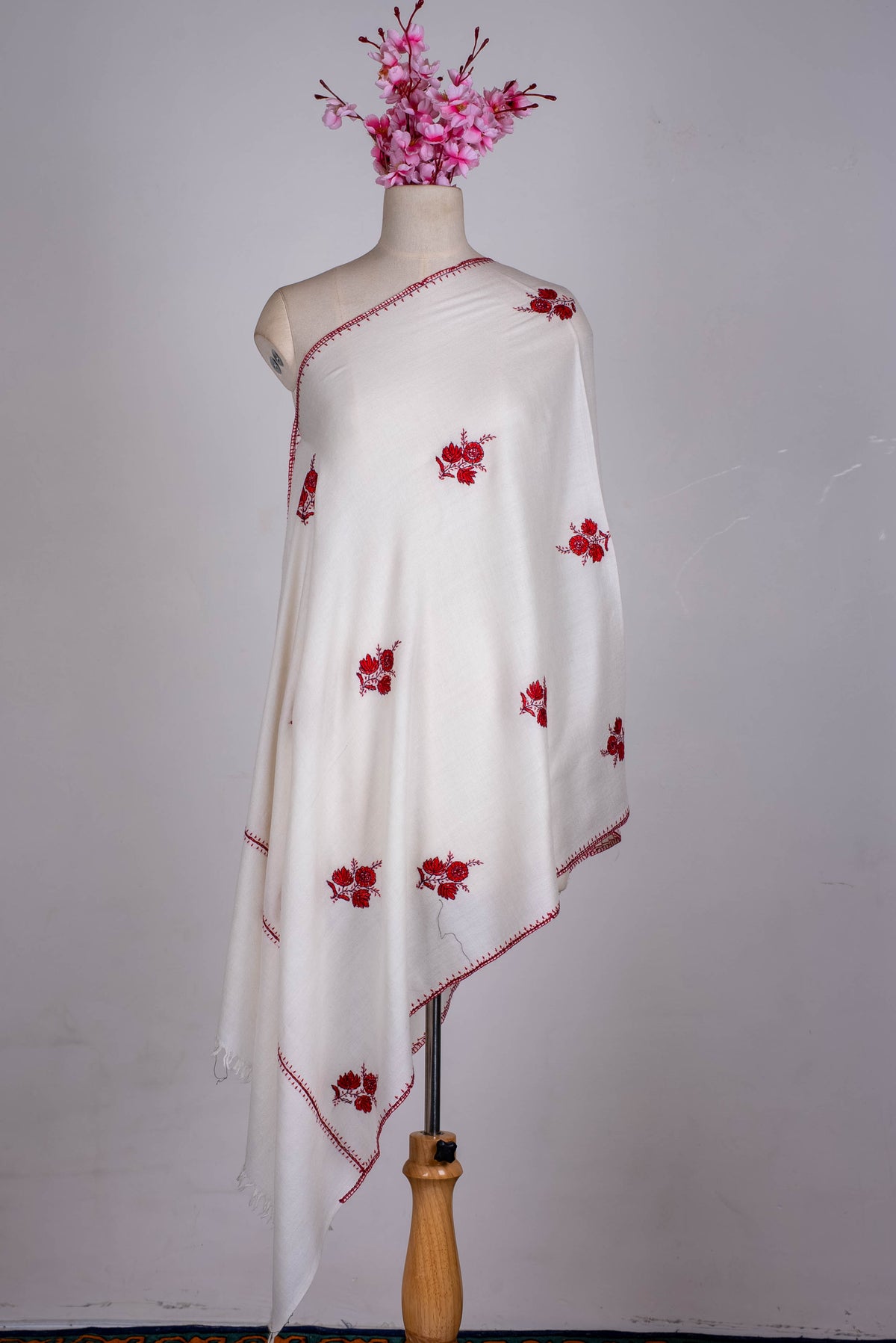 Fine Merino Wool Aari Hand Embroidered Scarf with Red Floral Buti Motifs