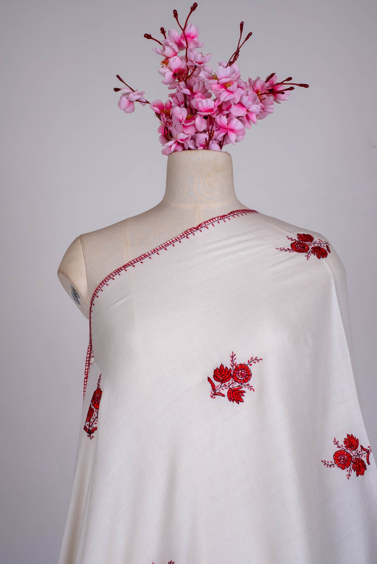 Fine Merino Wool Aari Hand Embroidered Scarf with Red Floral Buti Motifs