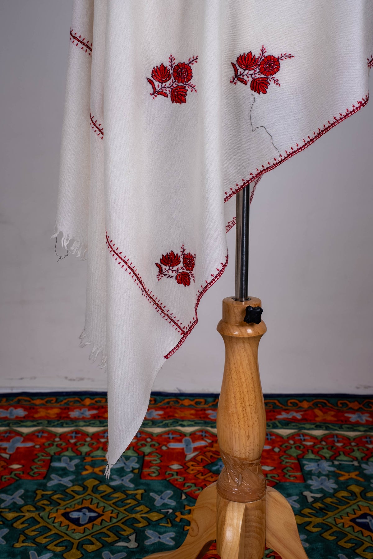 Fine Merino Wool Aari Hand Embroidered Scarf with Red Floral Buti Motifs