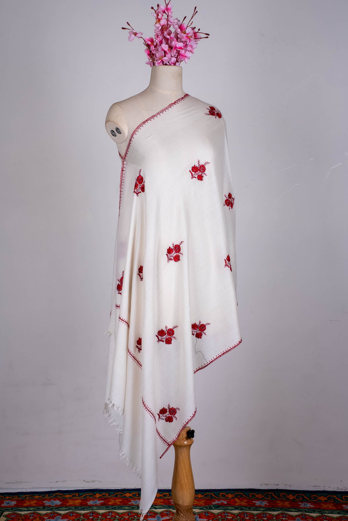 Fine Merino Wool Aari Hand Embroidered Scarf with Red Floral Buti Motifs