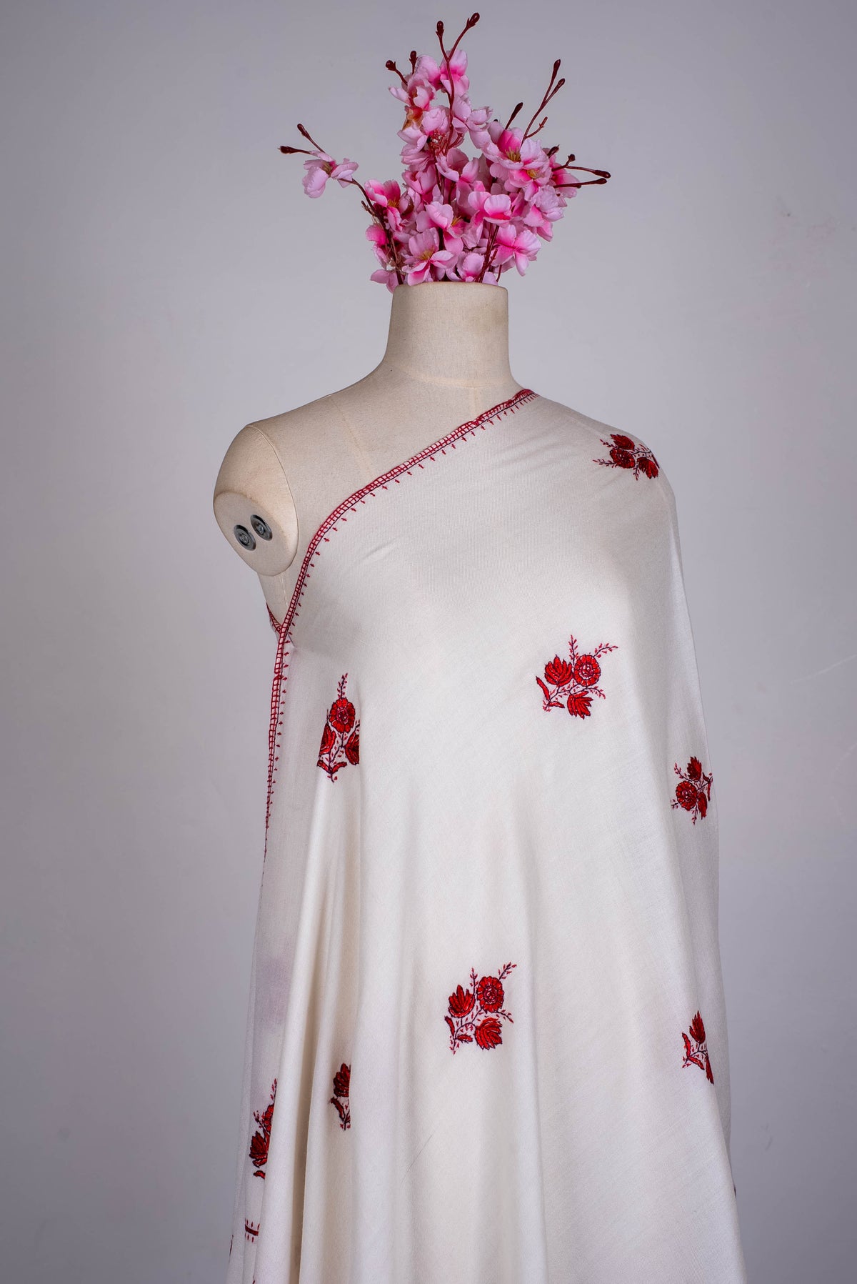 Fine Merino Wool Aari Hand Embroidered Scarf with Red Floral Buti Motifs