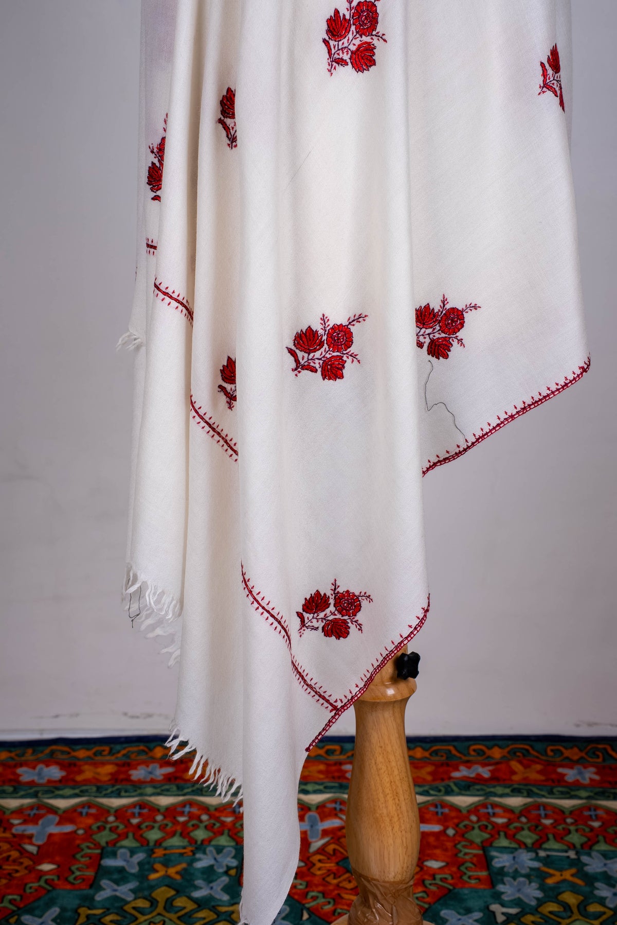Fine Merino Wool Aari Hand Embroidered Scarf with Red Floral Buti Motifs