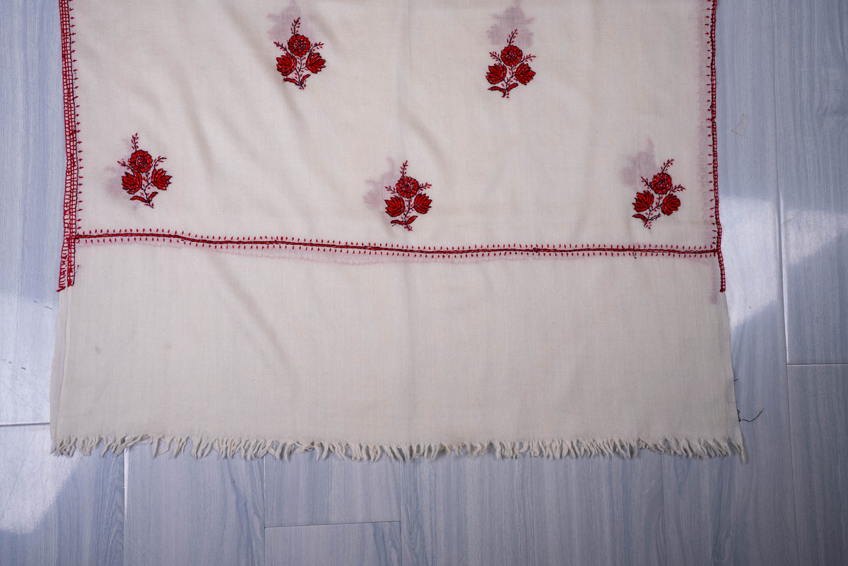 Fine Merino Wool Aari Hand Embroidered Scarf with Red Floral Buti Motifs