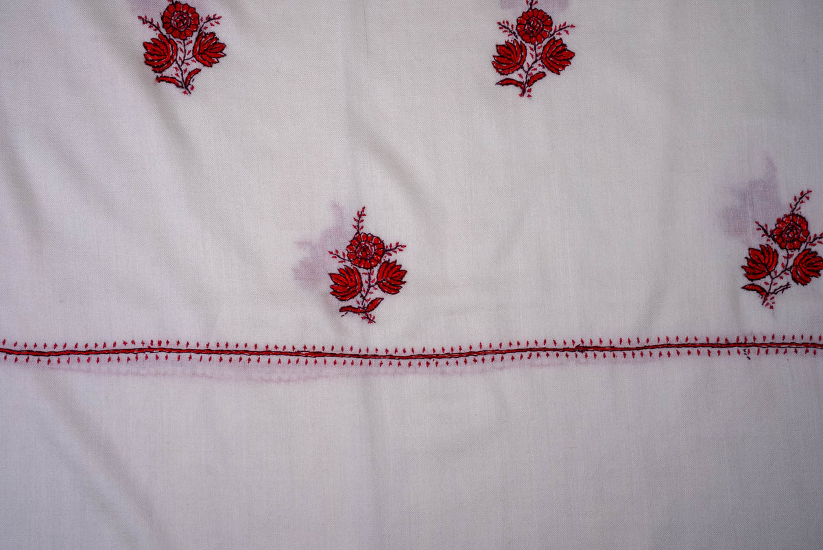Fine Merino Wool Aari Hand Embroidered Scarf with Red Floral Buti Motifs