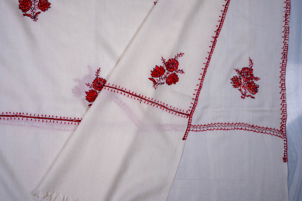 Fine Merino Wool Aari Hand Embroidered Scarf with Red Floral Buti Motifs