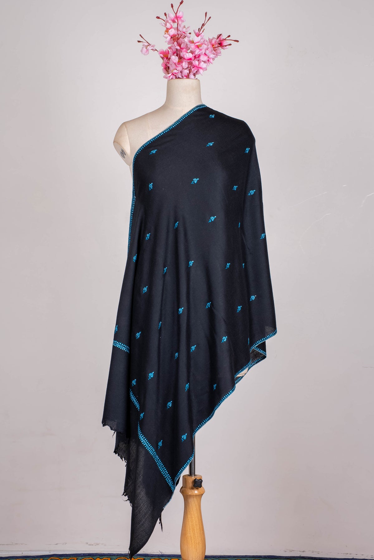 Fine Merino Wool Aari Hand Embroidered Scarf with Turquoise Buti Accents