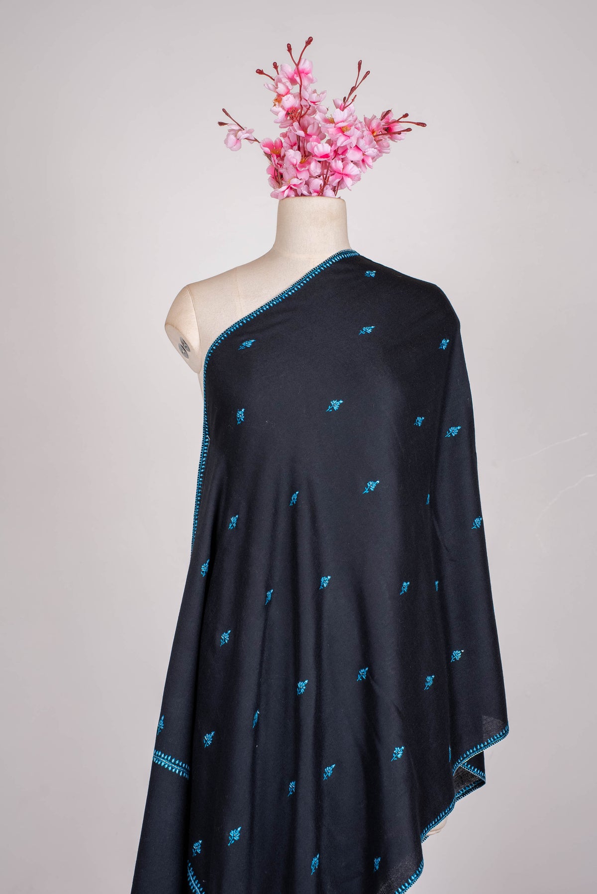 Fine Merino Wool Aari Hand Embroidered Scarf with Turquoise Buti Accents